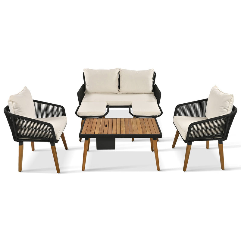 6-Piece Rope Patio Furniture Set, Outdoor Furniture with Acacia Wood Cool Bar Table with Ice Bucket, Deep Seat Patio Conversation Set with Two Stools for Backyard Porch Balcony (Black & Beige)