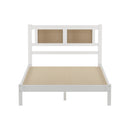3-Pieces Bedroom Sets Full Size Wooden Platform Bed with Natural Rattan Headboard, Nightstands Set of 2 with Rattan-Woven Surfaces and Three Drawers for Bedroom, White