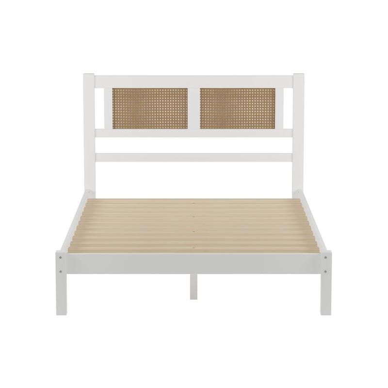3-Pieces Bedroom Sets Full Size Wooden Platform Bed with Natural Rattan Headboard, Nightstands Set of 2 with Rattan-Woven Surfaces and Three Drawers for Bedroom, White