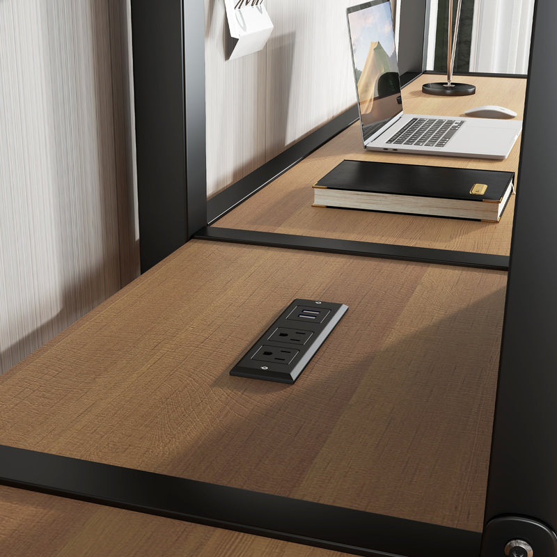 Twin Over Twin Metal Loft Bed with Double Desk and Wardrobe and Shelves with Electrical Outlet for Space Saving and Noise Reduction, woodgrain