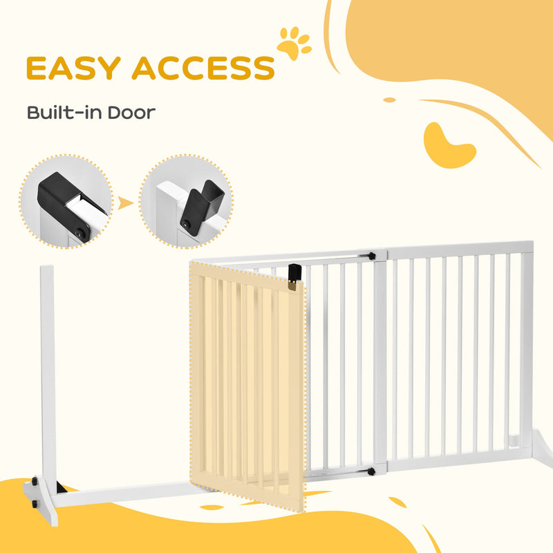 Adjustable Wooden Pet Gate, Freestanding Dog Fence for Doorway, Hall, 3 Panels w/ Safety Barrier, Lockable Door, White, 44.5"-65.25" L x 14.25" H