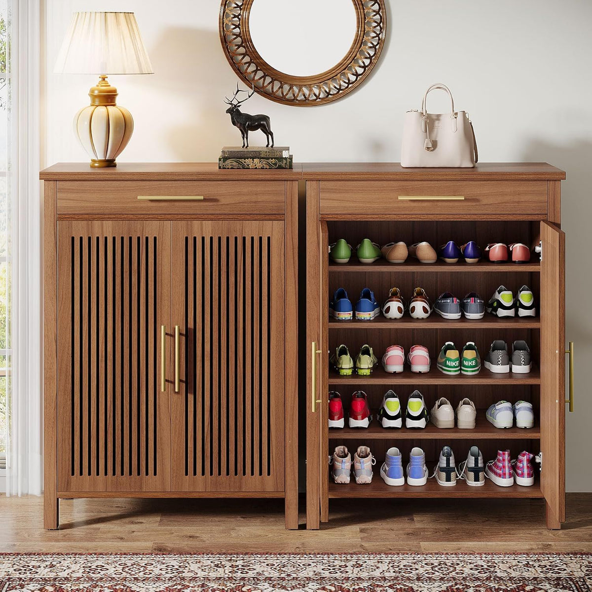 5 Tier Shoe Cabinet With Louvered Doors And Drawer, Freestanding Organizer With Adjustable Shelves For Entryway - Brown, photo 2 of 4