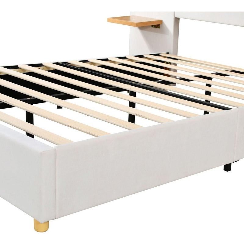 Full Size Upholstered Platform Bed, Two Outlets and USB Charging Ports on Both Sides, Two Bedside Pillows, Storage Shelves,Velvet,Beige