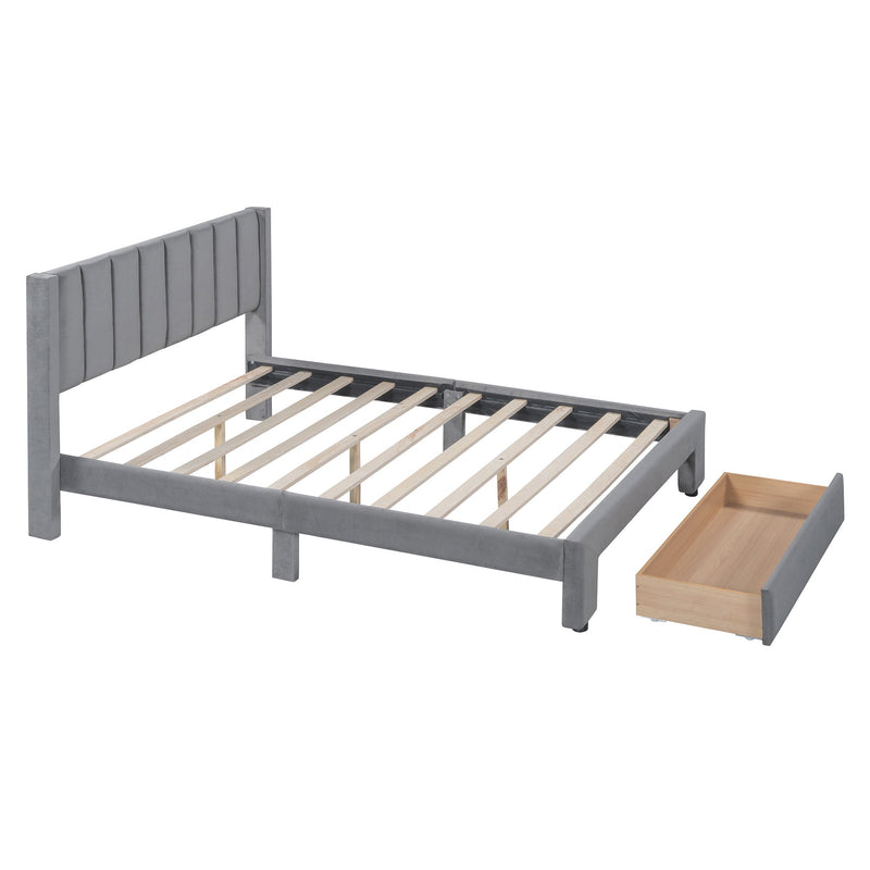 Walker Edison - Full Size Storage Bed Velvet Upholstered Platform Bed with a Big Drawer - Gray