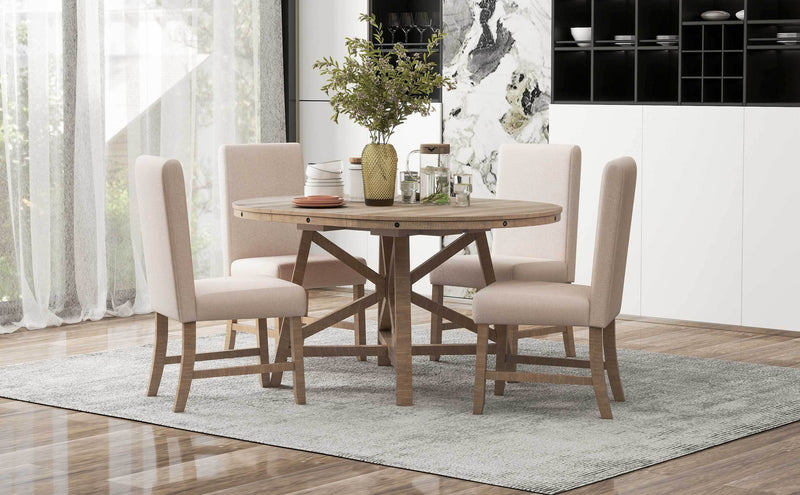 5-Piece Retro Functional Dining Set with Extendable Round Table with Removable Middle Leaf and 4 Upholstered Chairs for Dining Room and Living Room (Natural Wood Wash)
