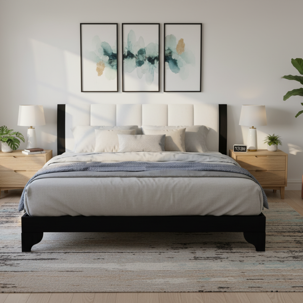 Queen Size Bed Frame in Black & White Pine