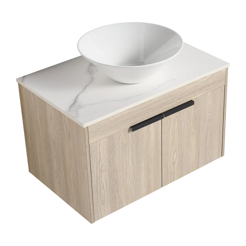 30" Modern Design Float Bathroom Vanity With Ceramic Basin Set, Wall Mounted White Oak Vanity With Soft Close Door, KD-PackingD-Packing Pieces
