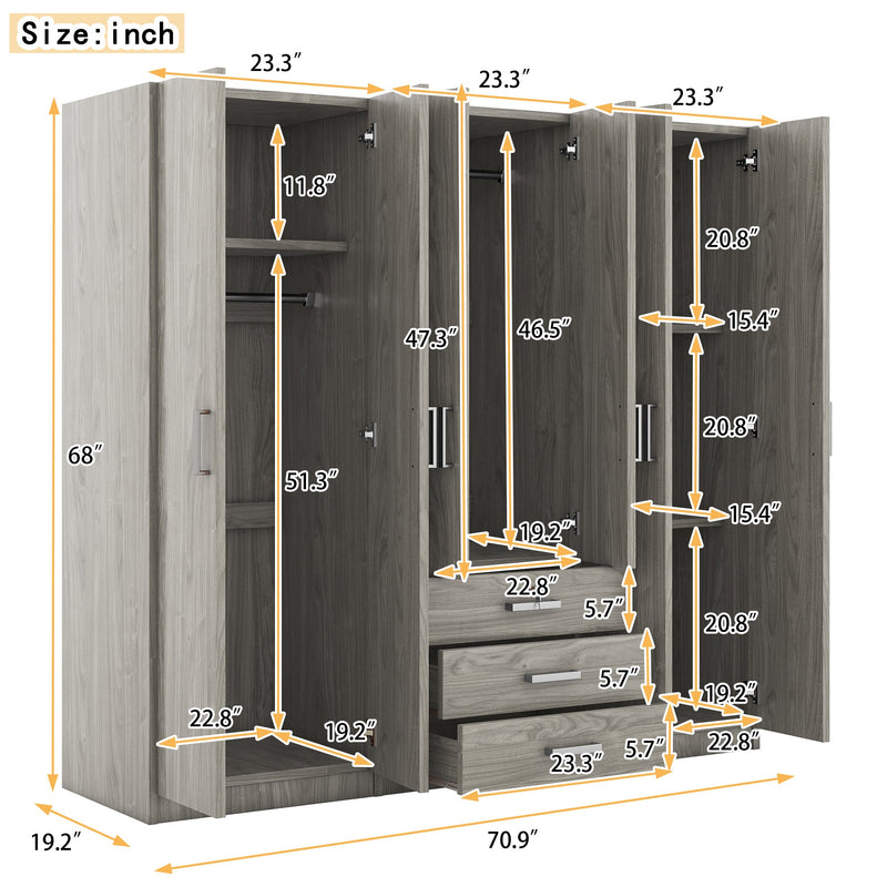 6-Doors Wooden Wardrobe Storage for Bedroom, with Big Drawers, Gray