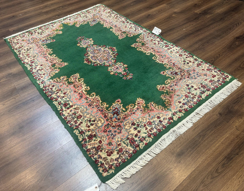 Green Persian Kerman Rug 4x6, Semi Open Field, Green & Cream, Vintage