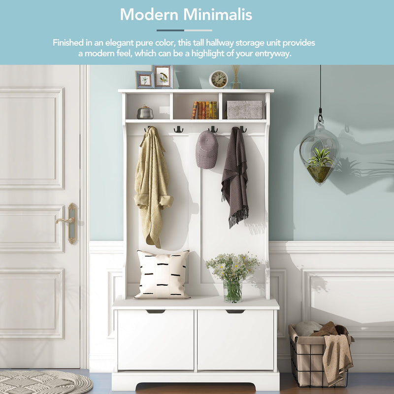 All in One Hall Tree with 3 Top Shelves and 2 Flip Shoe Storage Drawers, Wood Hallway Organizer with Storage Bench and Metal Hanging Hooks, White