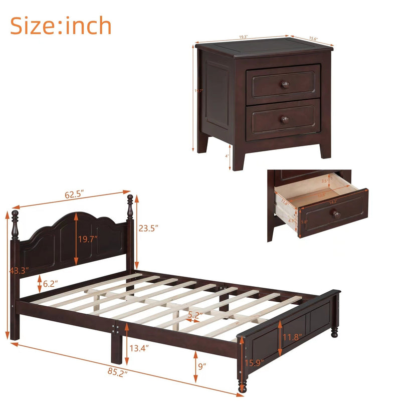 3-Pieces Bedroom Sets,Queen Size Wood Platform Bed and Two Nightstands-Dark Walnut