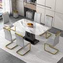 A modern, minimalist, and luxurious dining table with a white imitation marble tabletop and MDF legs with U-shaped brackets. Tables in restaurants and living rooms 63"x35.4"x30 F-U