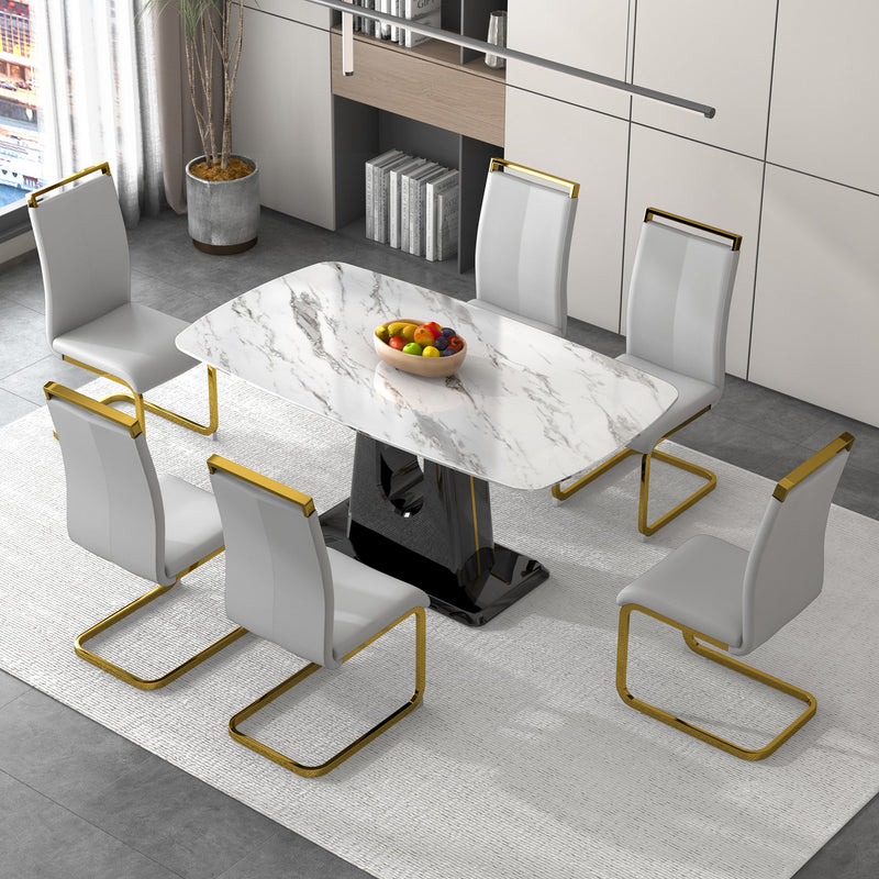 A modern, minimalist, and luxurious dining table with a white imitation marble tabletop and MDF legs with U-shaped brackets. Tables in restaurants and living rooms 63"x35.4"x30 F-U