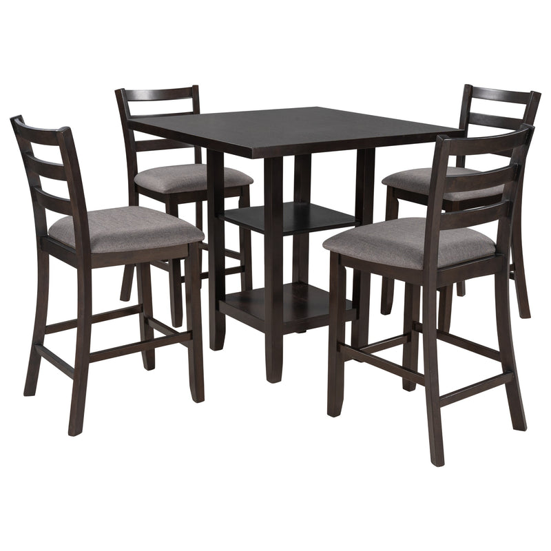5-Piece Wooden Counter Height Dining Set with Padded Chairs and Storage Shelving (Espresso)