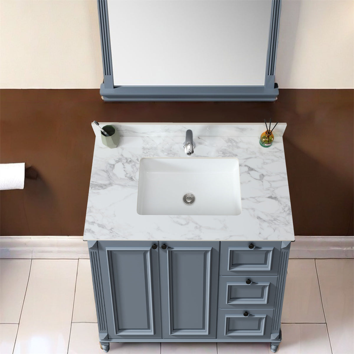 Elegant Bathroom Vanity Top With Rectangular Ceramic Sink And Backsplash, photo 13 of 19