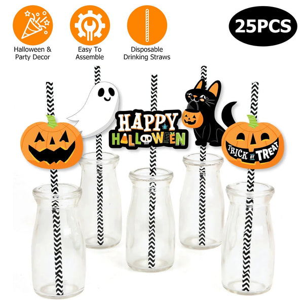 25Pcs Halloween Party Striped Decorative Straws Disposable Drinking Straws Paper Straw Decor Happy Halloween Ghost Lantern Black Cat Halloween Party S, photo 2 of 8