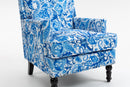 Upholstered Accent Chair with Blue and White Porcelain Print Linen Fabric