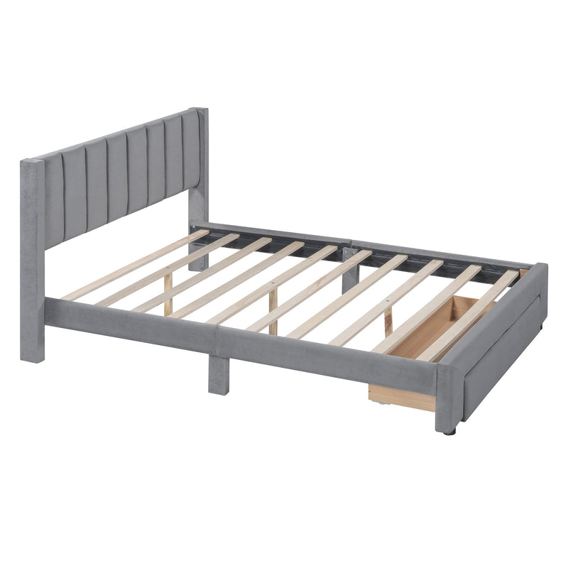 Walker Edison - Full Size Storage Bed Velvet Upholstered Platform Bed with a Big Drawer - Gray