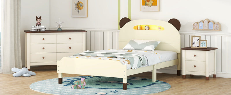 3-Pieces Bedroom Sets Twin Size Bear-Shape Platform Bed with Nightstand and Storage dresser,Cream+Walnut