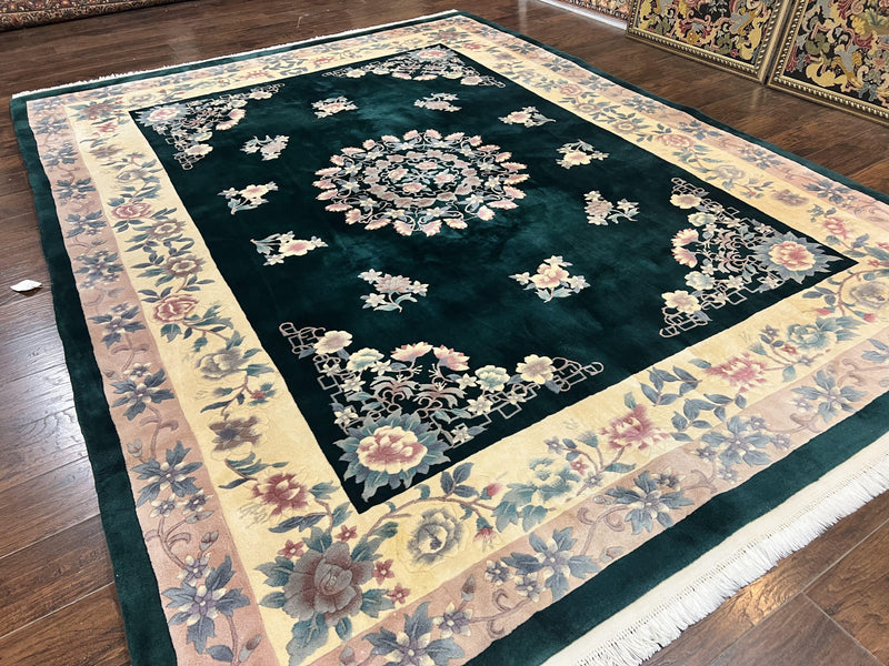 Chinese Art Deco Rug 9x12, Wool Hand Knotted Vintage Carpet, Dark Green & Cream, 90 Line Carving Rug