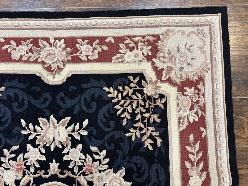 Needlepoint Rug 5x8, Wool Handmade Vintage European Design Carpet, Black & Maroon, French Aubusson Pattern Flatweave Rug