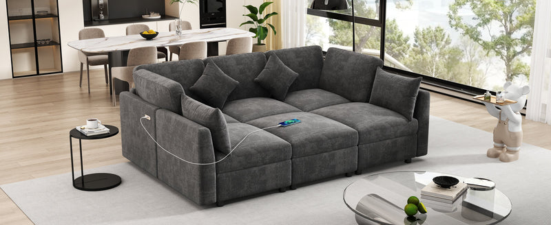 85.4' Sectional Sofa Modular Sofa U-shaped Sofa Couch Sofa Bed L-shaped Sofa with a Movable Ottoman and Two USB Ports for Living Room, Black
