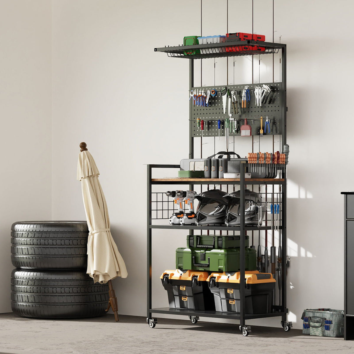 Fishing Rod Storage Rack With Pegboard, Rolling Tackle Organizer Cart - Black, photo 6 of 13