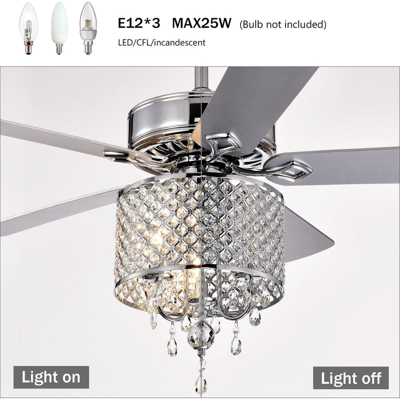 52'' Classical Crystal Ceiling Fan Lamp  3 Speed Hand Pull Chain (High, Mid, Low), 5 Reversible Blades for Living Room, Dining Room, Bedroom, Family Room, Chrome  ,3PCS*E12  (NO Include Bulb )