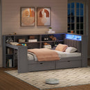 Platform Bed With Upholstered Headboard, Storage Shelves, Drawers, Charging Station, LED Lighting, Built In Desk by HouseOfZazla