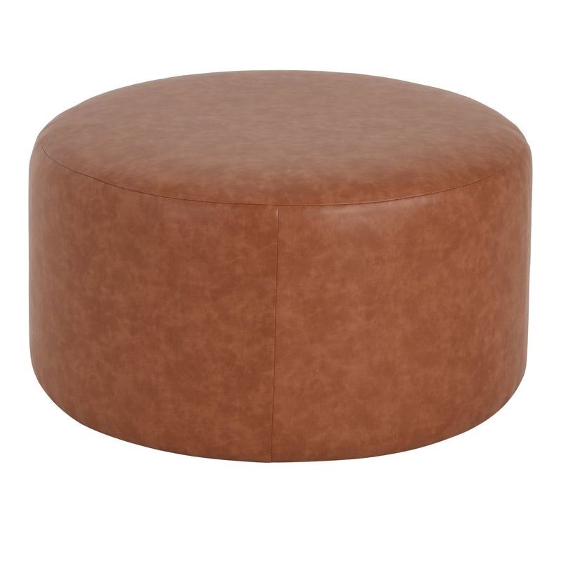 Upholstered Round Ottoman,PU Leather, Cognac Brown