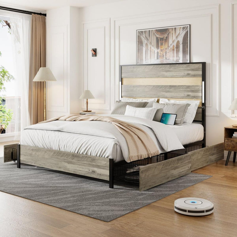 Queen Size Bed Frame with Headboard and 4 Storage Drawers, Queen Bed Frame with Charging Station and LED Lights, Wood Slats, Easy Assembly,No Box Spring Needed,Industrial Gray