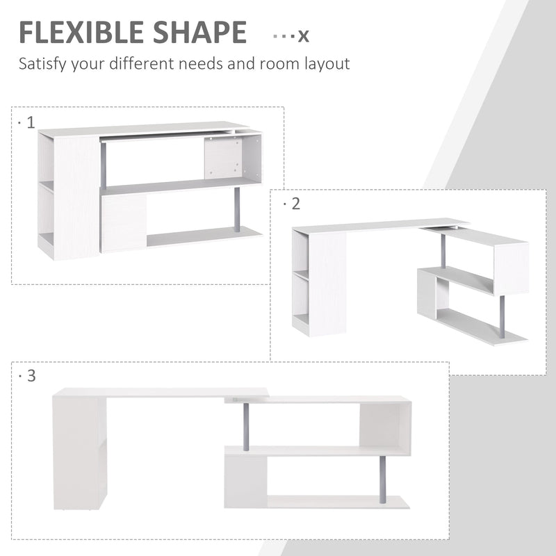 55" 360 Rotating Corner Computer Desk Modern L-Shaped Home Office Workstation with 3-Tier Storage Shelves, Bookshelf, White