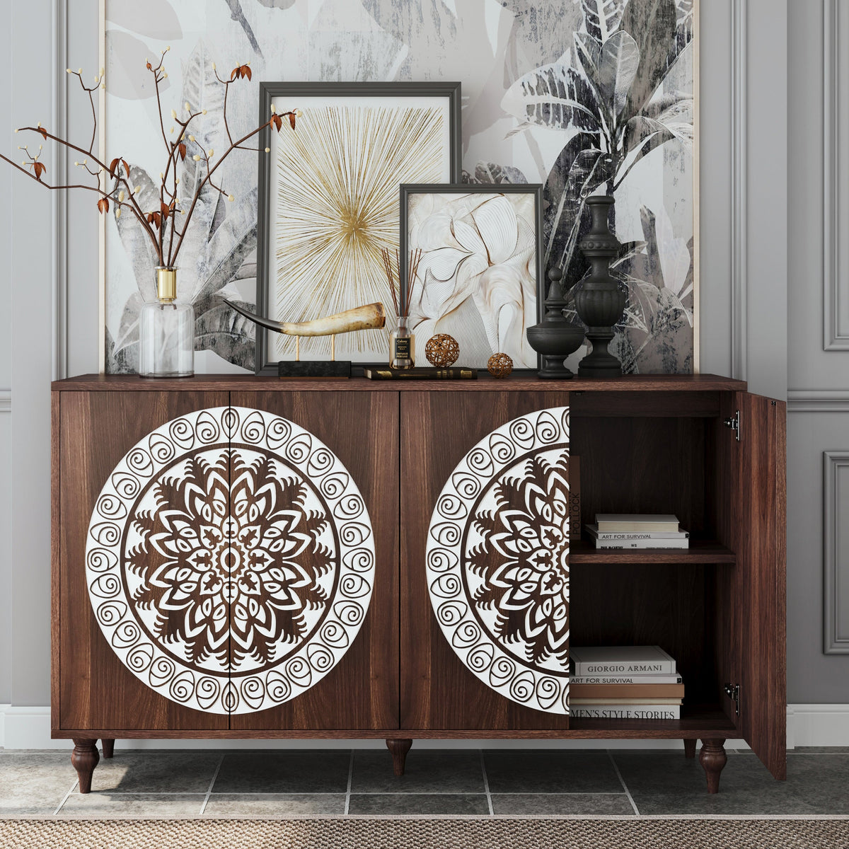 60" Vintage Mandala Carved Sideboard, photo 2 of 10