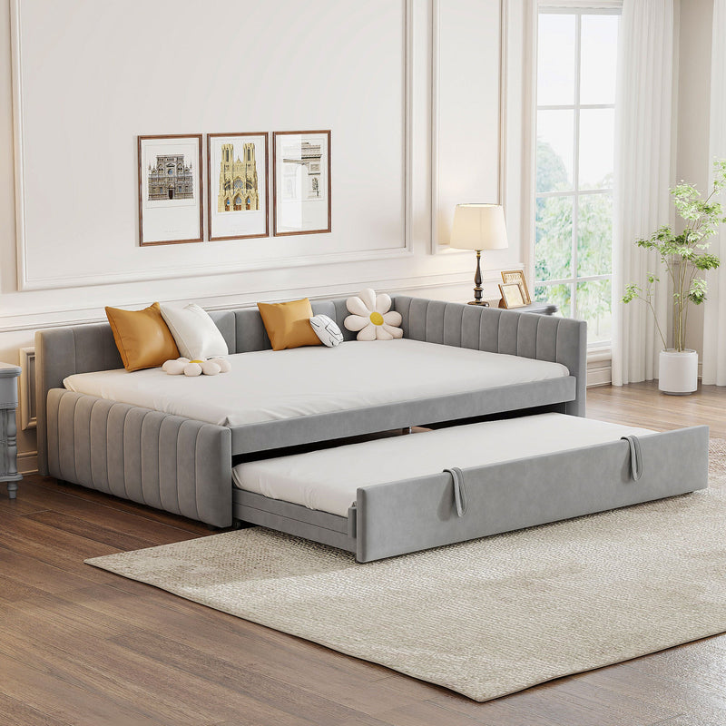 Full Size Upholstered L-Shaped Upholstered Daybed with Twin
Size Pop Up Trundle, Gray