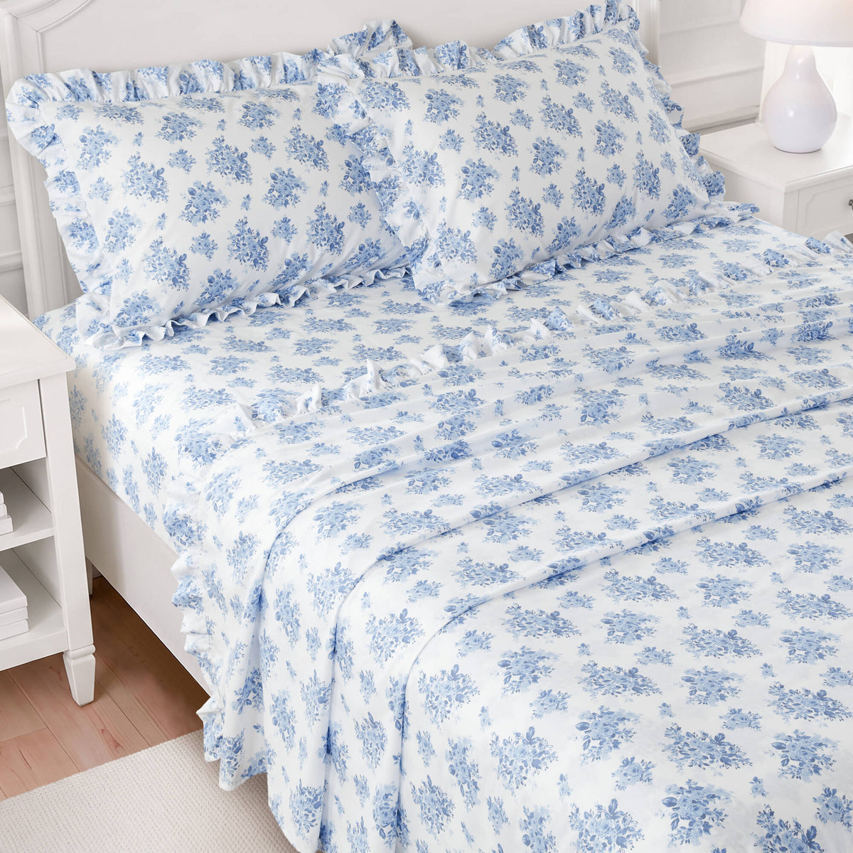 4-Piece King Microfiber Sheet Set with Ruffled Hem, Blue Floral, photo 5 of 10