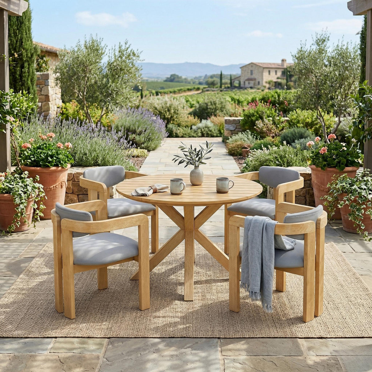 5-Piece Outdoor Acacia Wood Round Dining Set, photo 3 of 10