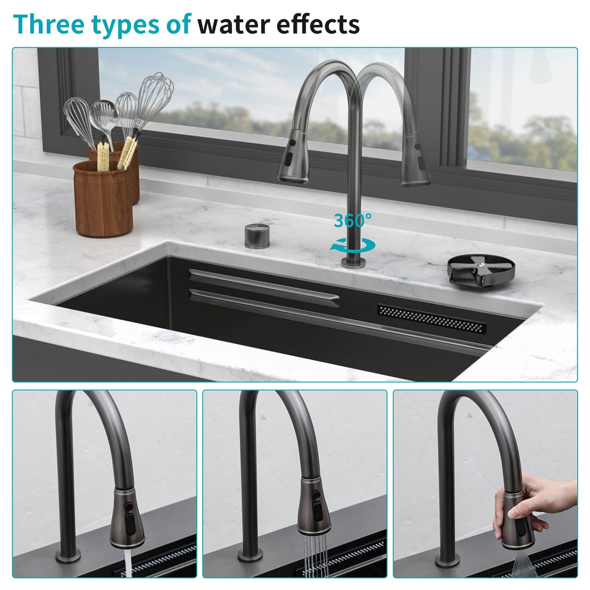 Undermount Stainless Steel Kitchen Sink With Pull Down Faucet & Ledge Workstation, photo 12 of 23