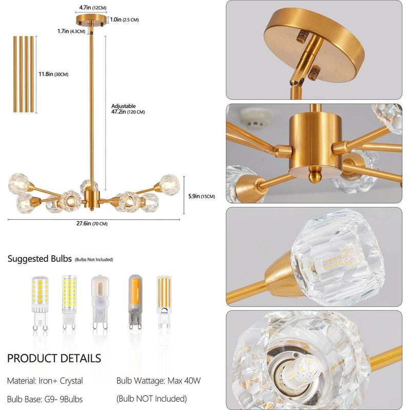 Modern Crystal Chandeliers, 9 Lights Golden Chandelier for Living Room Bedroom, Dining Room Chandelier Over Table, Kitchen Light Fixtures(Bulbs Not Included)
