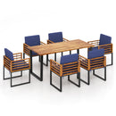 7 Pieces Patio Acacia Wood Dining Chair and Table Set for Backyard and Poolside-Navy by DirectDeals
