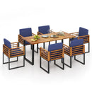 7 Pieces Patio Acacia Wood Dining Chair and Table Set for Backyard and Poolside-Navy by DirectDeals