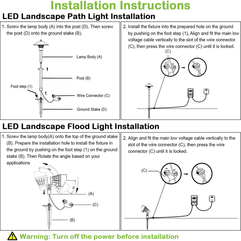 LED Landscape Light Kits For Pathway, 12V AC, 10W 390LM Spot Light (2 Heads) + 3W 150LM Flood Light (6 Heads), ORB Finish, Driver & Cable NOT included in Kit