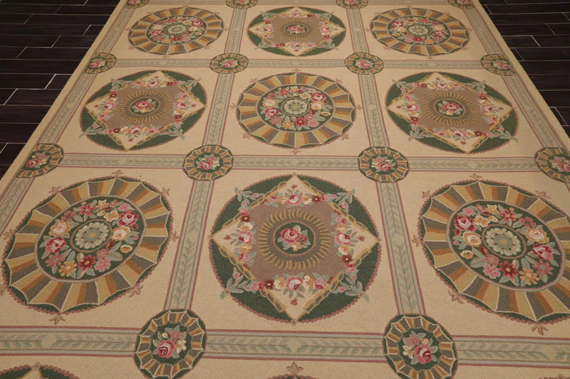 9x12 Beige Hand Hooked 100% Wool Traditional French Aubusson Oriental Area Rug