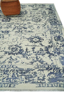 8x10 Hand knotted Ivory and Blue Modern Abstract Wool and Bamboo Silk Area Rug | TRDCP489810