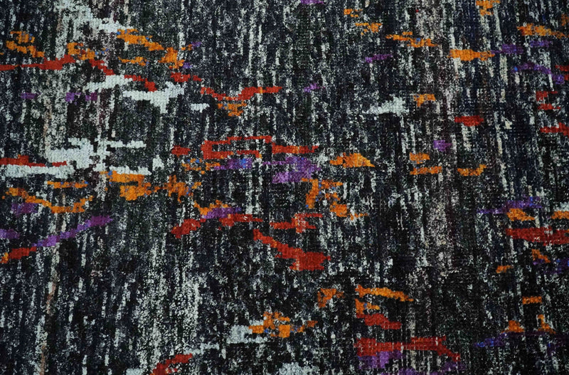 5x8 Hand Knotted Black, Ivory and Rust Modern Abstract Contemporary Recycled Silk Area Rug | OP132