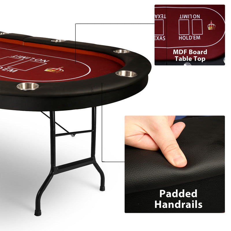 Upgraded 10 Players Foldable 90.5" Casino Poker Table Card Game Table with Metal Frame and 10 Cup Holders, Red