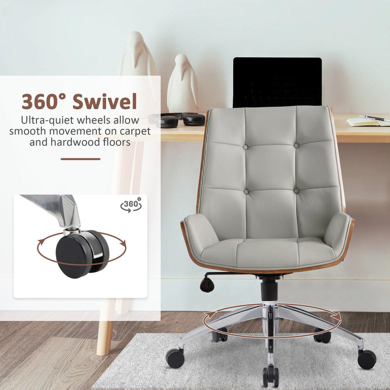 Executive Office Chair with Adjustable Height and Tilt, Solid Wood Arms and Base, 360° Swivel - Leather Office Chair, Grey