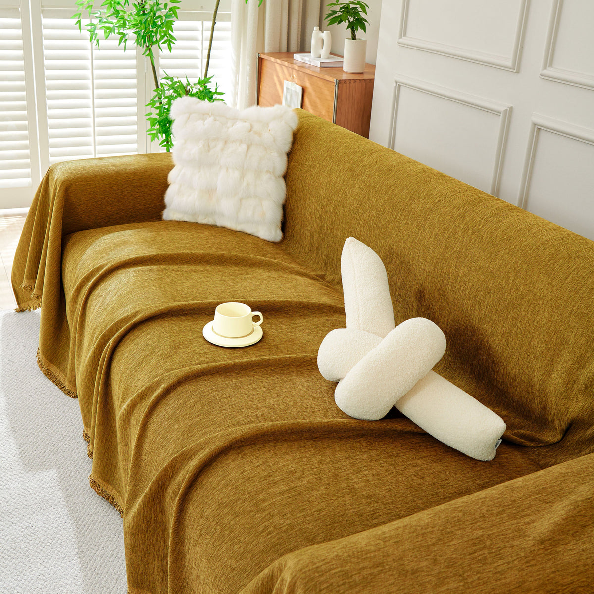 Solid Color Chenille Sofa Throw Blanket, Modern Decor Soft Couch Cover with Fringes, photo 7 of 42