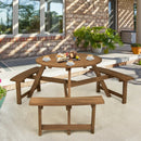 6-person Round Wooden Picnic Table with Umbrella Hole and 3 Built-in Benches-Dark Brown by LJGDeals