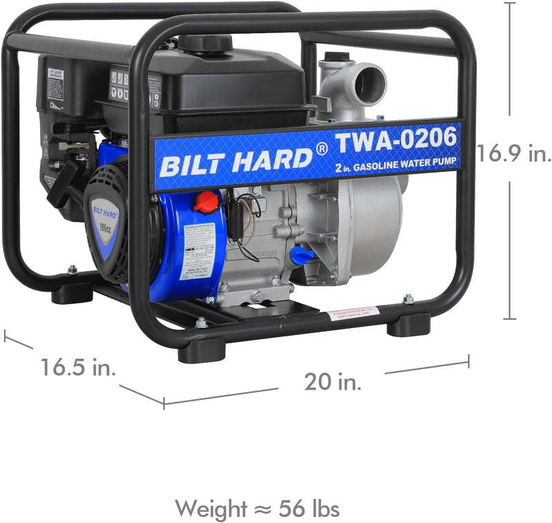 BILT HARD Semi Trash Pump 2 inch, 158 GPM 6.5HP Gas Powered Water Pump, 196cc 4-Cycle Engine with 50 ft Discharge Hose, 12 ft Suction Hose and Complete Fittings, EPA Certified