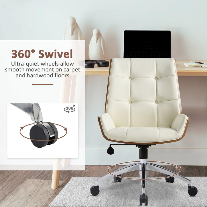 Executive Office Chair with Adjustable Height and Tilt, Solid Wood Arms and Base, 360° Swivel - Leather Office Chair, White